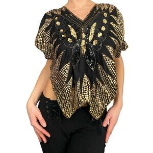 Black and Gold Sequin Silk Butterfly Top